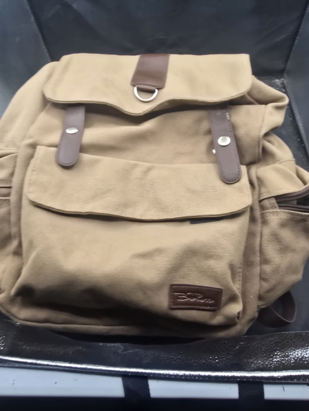 Casual Men's Canvas Backpack in Tan with Brown Accents